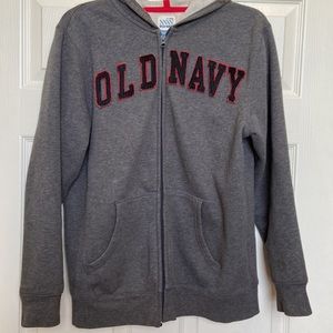 Old Navy zipper fleece hoodie XL gray with red and blue logo
